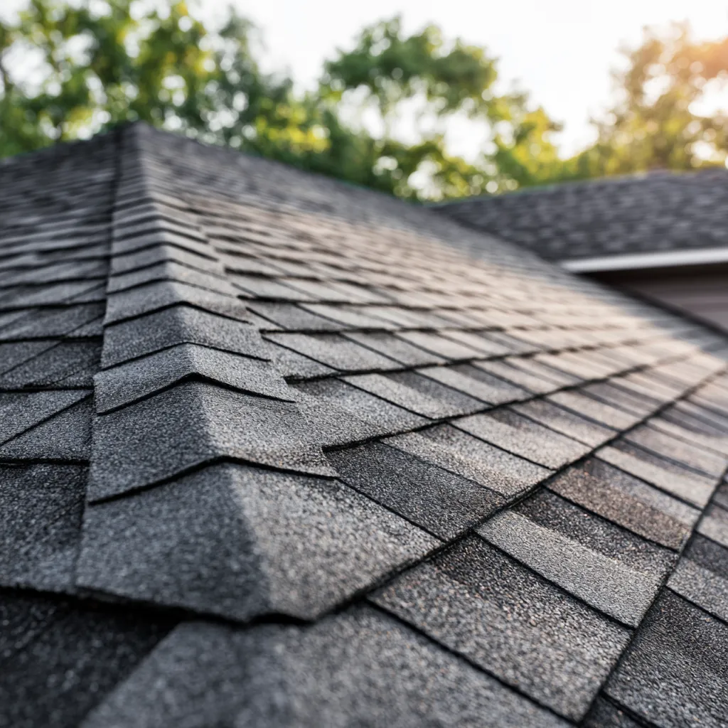 Ridge cap shingles on a gray asphalt roof in soft light