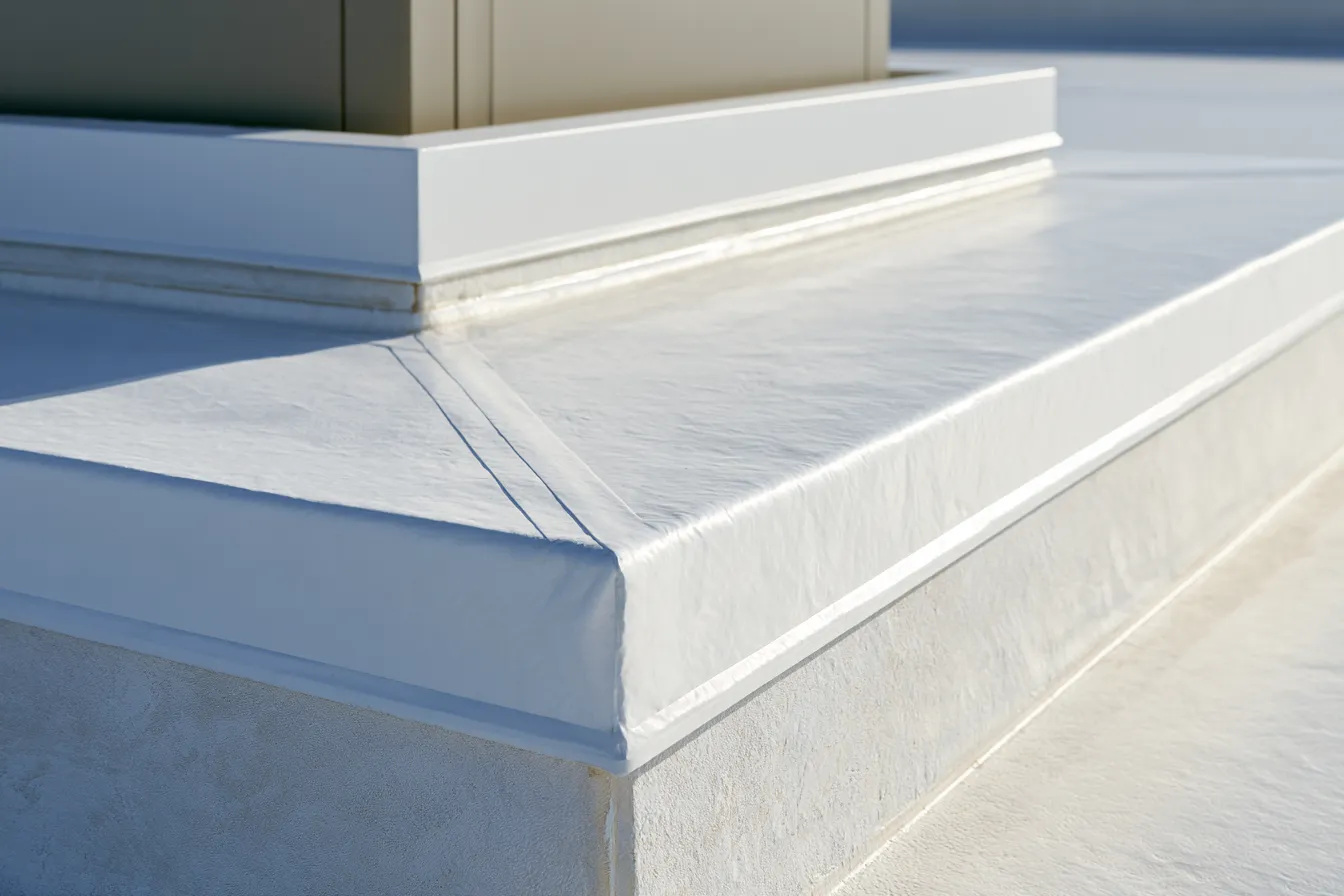 Close-up of a wrapped membrane corner at a rooftop equipment curb
