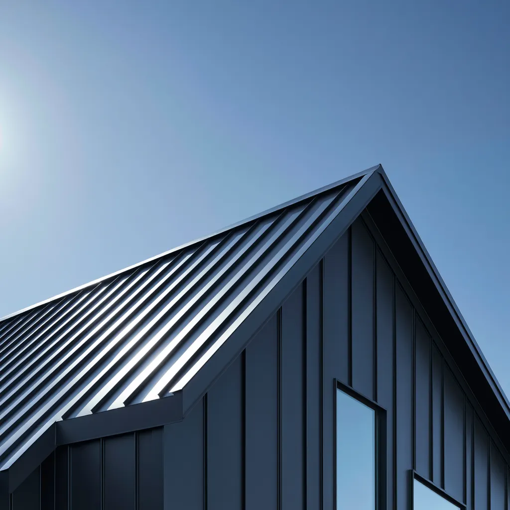 Black standing seam metal roof on a gable with matching siding