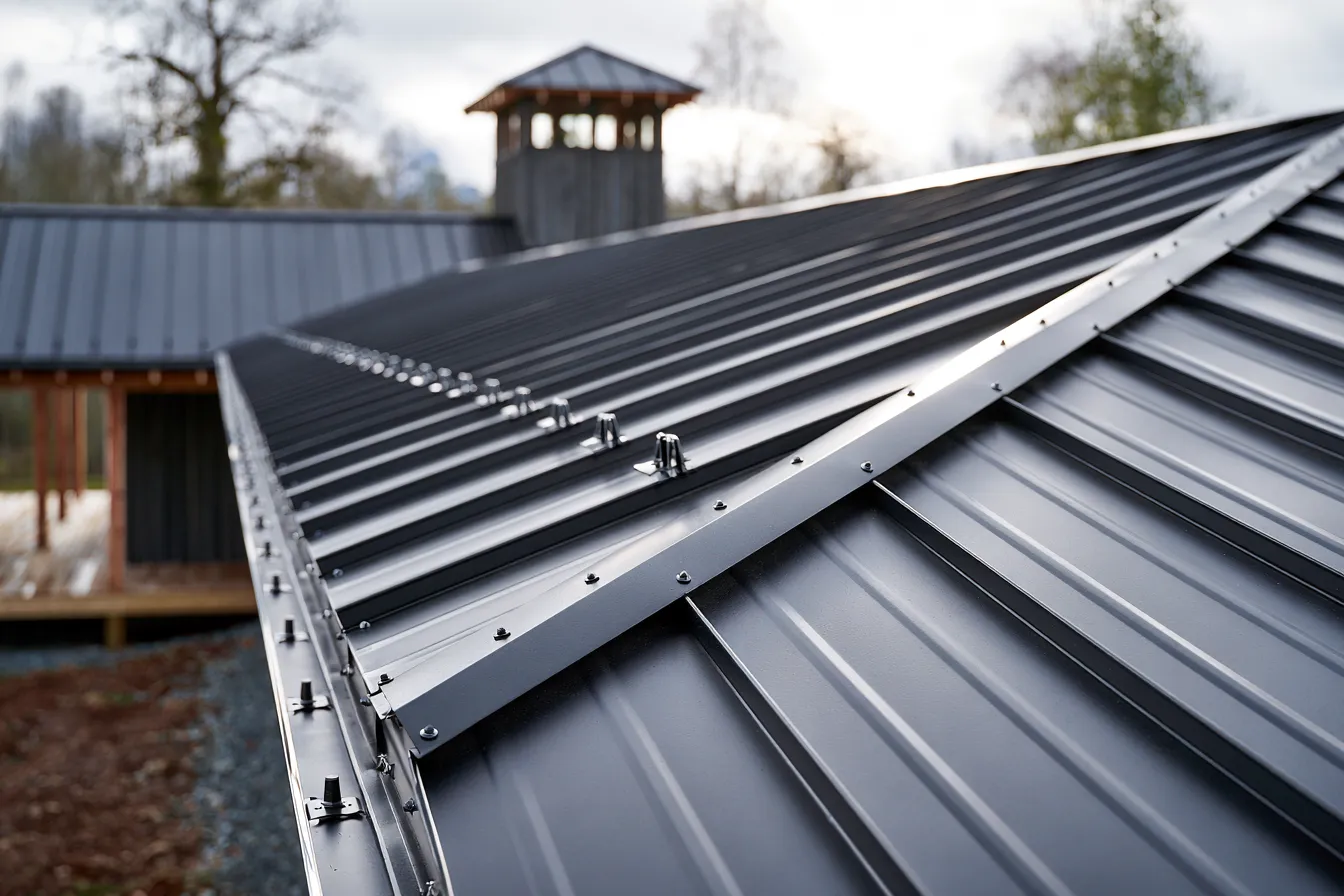 A dark gray standing seam metal roof with fastener screws along the ridge and a distant tower