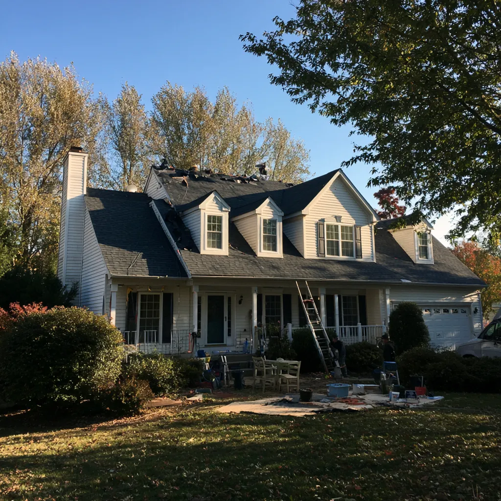 Two-story house with roofers at work and a ladder and equipment below